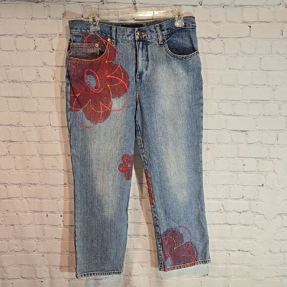 Express Blue Jeans with Red Floral Design - Picture 1 of 9